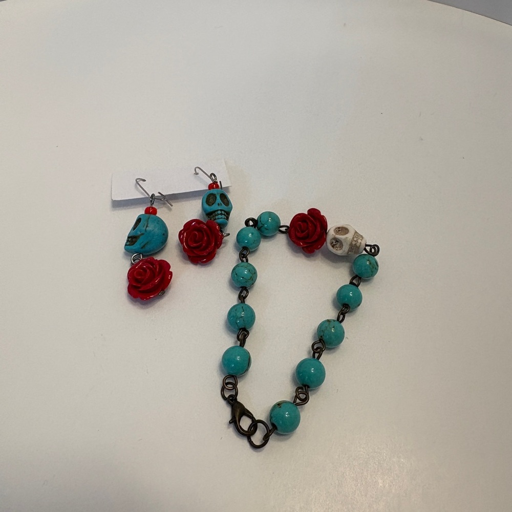 Turquoise and Red Rose Sugar Skull Jewelry Set
